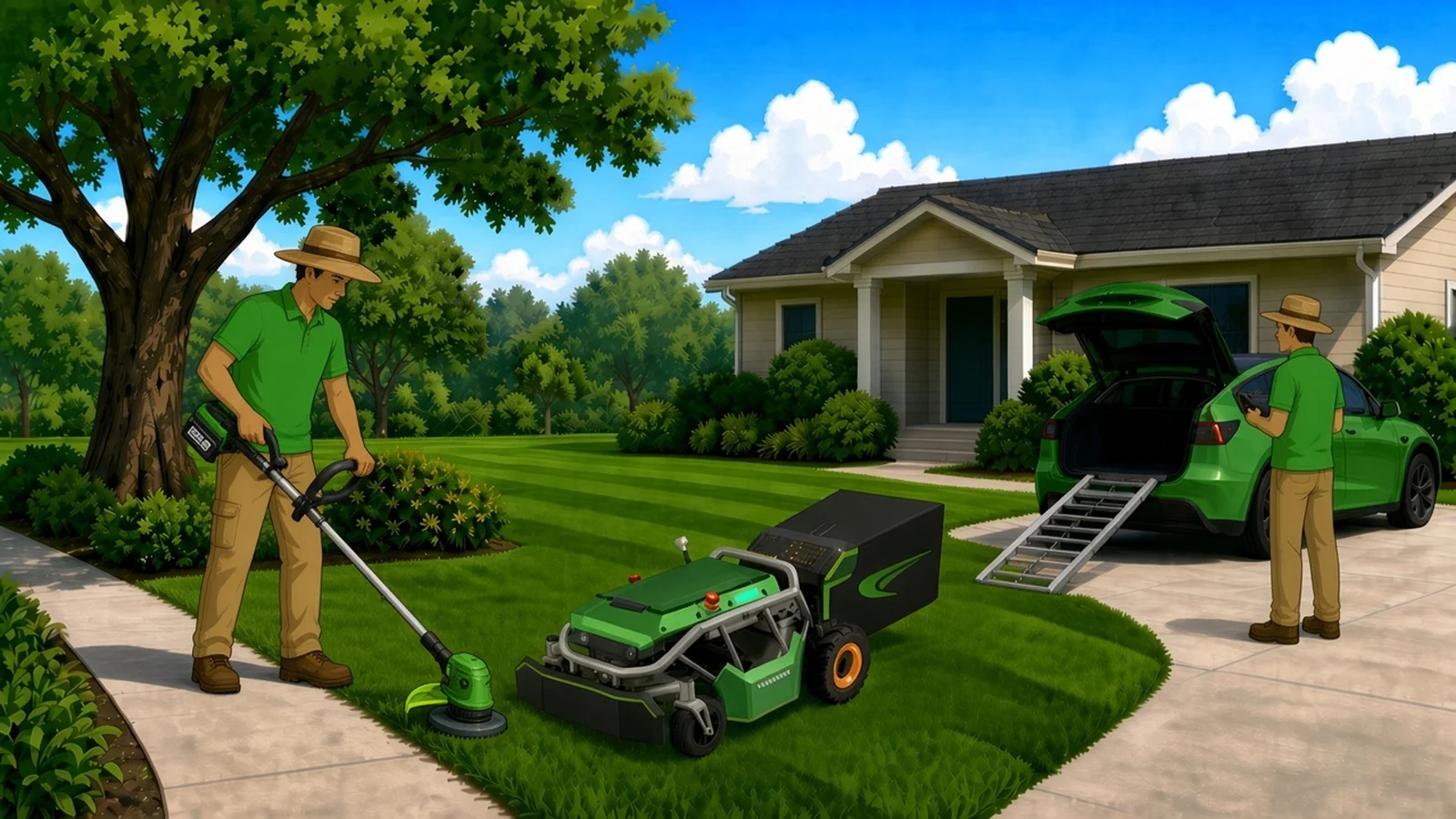 Mo-Greens crew in green shirts and straw hats edging a sidewalk and steering a remote-control mower, with a green Tesla in the driveway