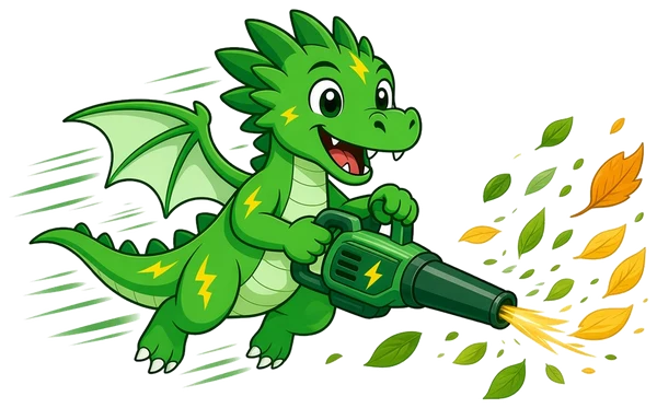 Mo, a smiling green dragon with yellow lightning markings, flying and blowing leaves with a green leaf blower