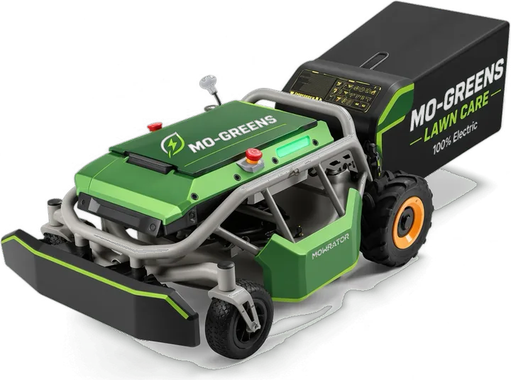 The Mo-Greens Mowrator battery-powered remote-control mower, wrapped in green with Mo-Greens Lawn Care, 100% Electric branding