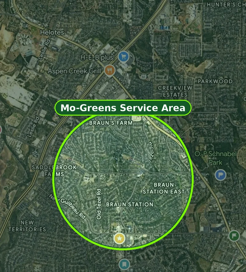 Map of the Mo-Greens service area circled in green around Braun Station in Northwest San Antonio